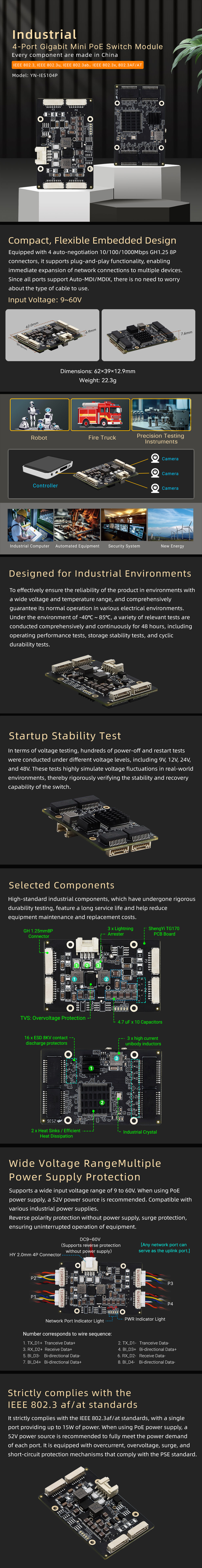 YN-IES104P Industrial 4-Port Gigabit Mini PoE Switch Module