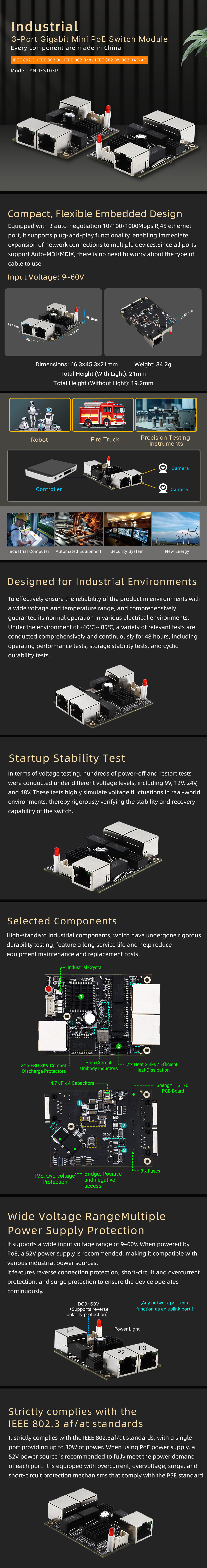 YN-IES103P Industrial 3-Port Gigabit Mini PoE Switch Module