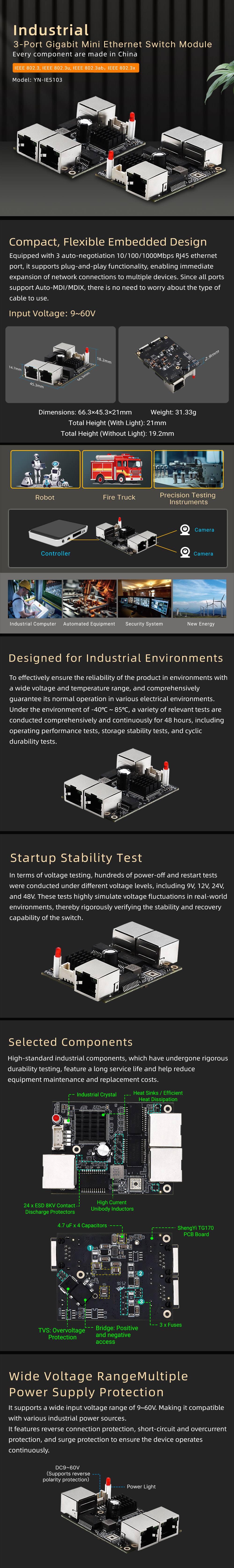 YN-IES103 Industrial 3-Port Gigabit Mini Ethernet Switch Module