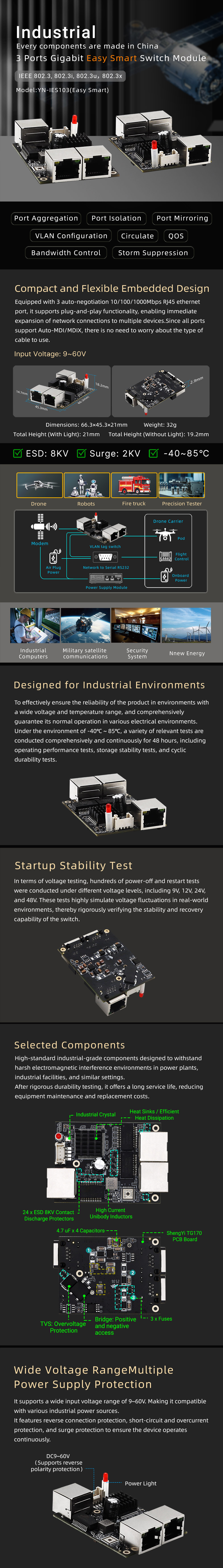 YN-IES103 Industrial 3-Port Gigabit Easy Smart Switch Module