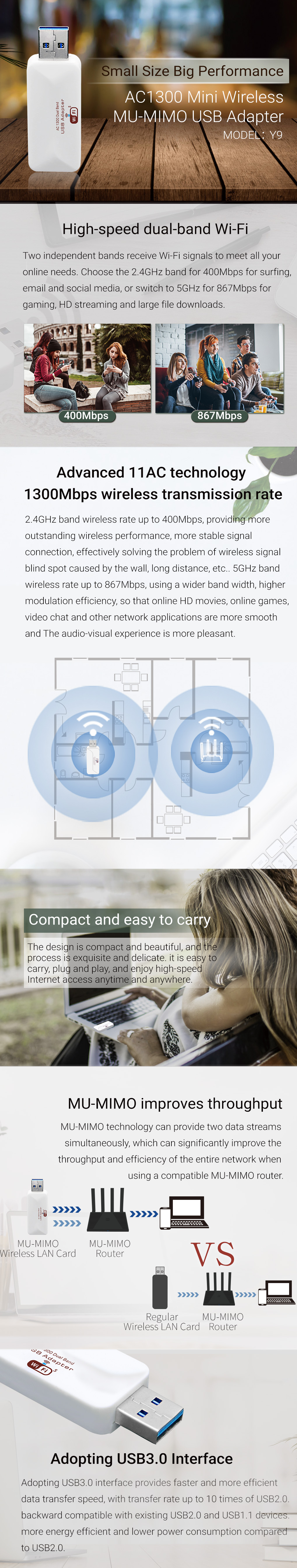 Y9 AC1300 Mini Wireless MU-MIMO USB Adapter